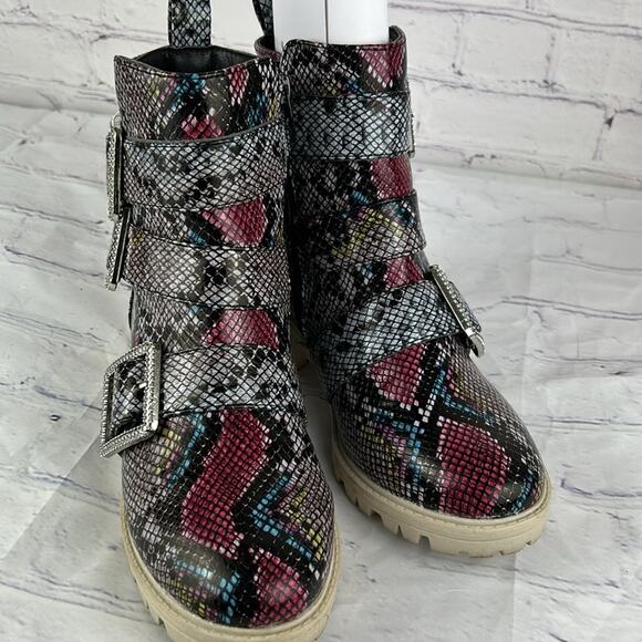 True Craft Pink Multi Text Mila Snakeskin Print Colorful Faux Leather Boots 7.5 - Picture 2 of 8